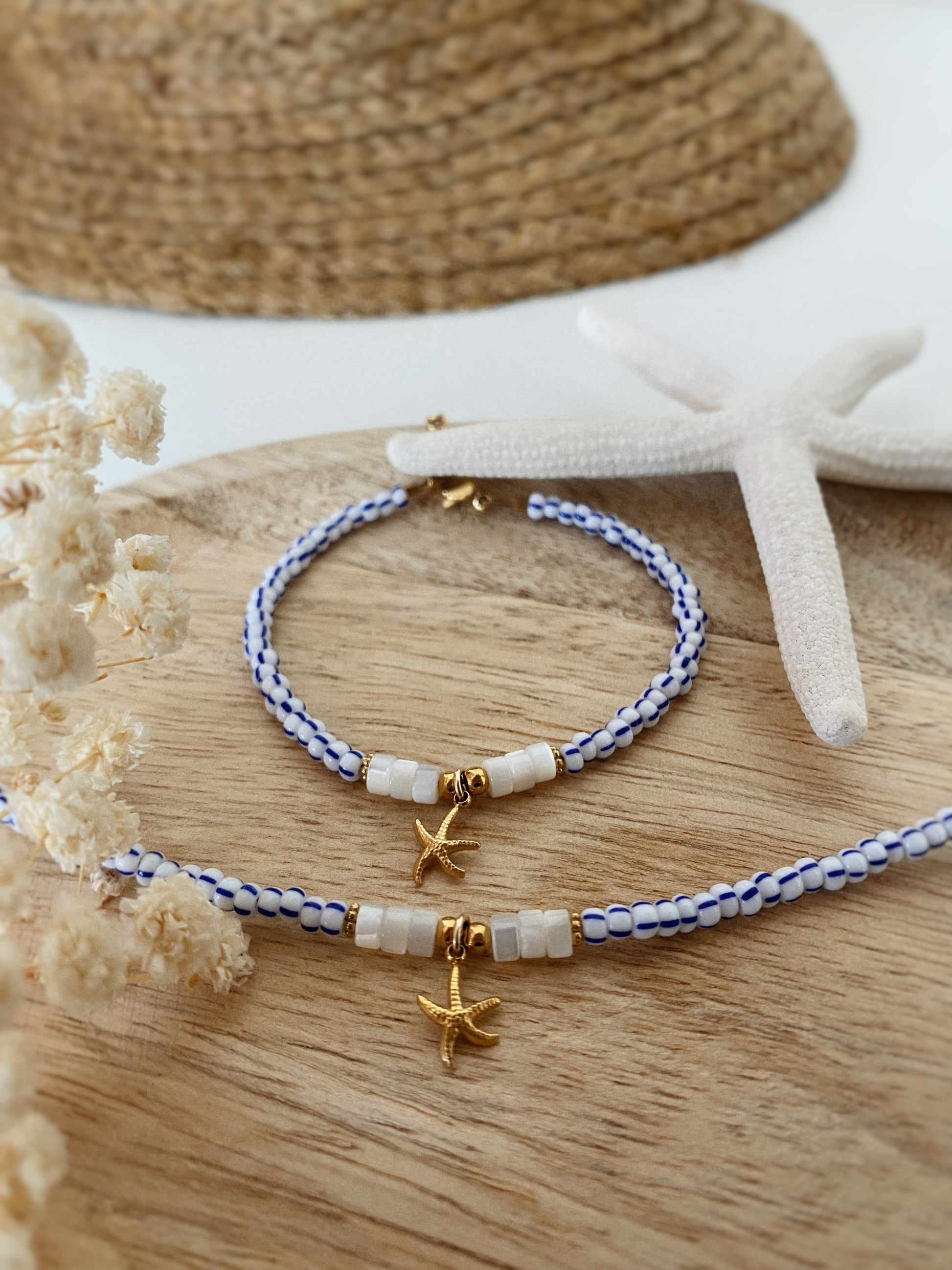 Parure collier et bracelet étoile de mer rayé