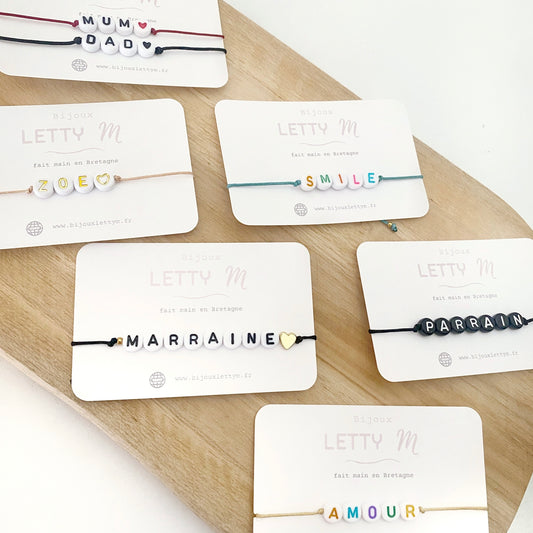 bracelet cordon perle lettre personnalisable 